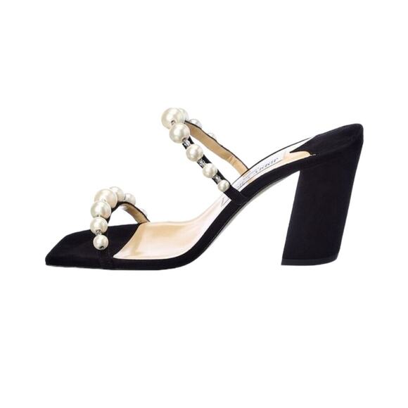 Jimmy Choo Amara 85mm Pearl Straps Suede Block Heels Mules NEW EU 35.5 US 5.5 - Picture 2 of 14